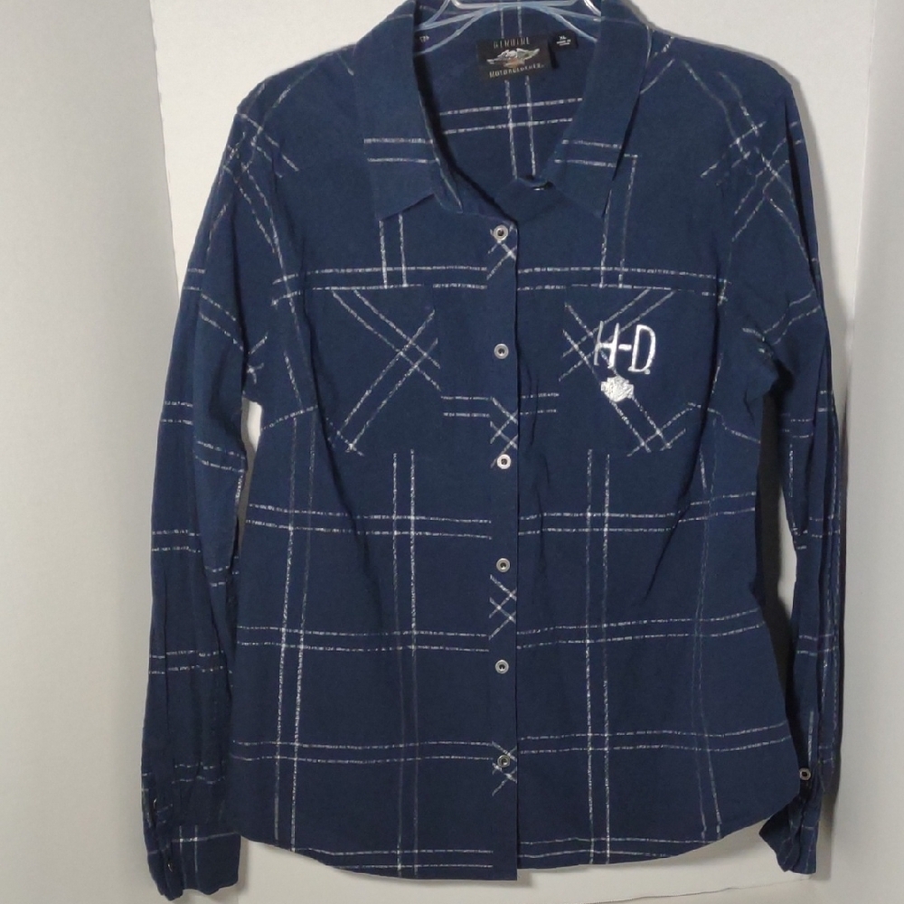 Harley-Davidson Blue and White Plaid Button Down Shirt